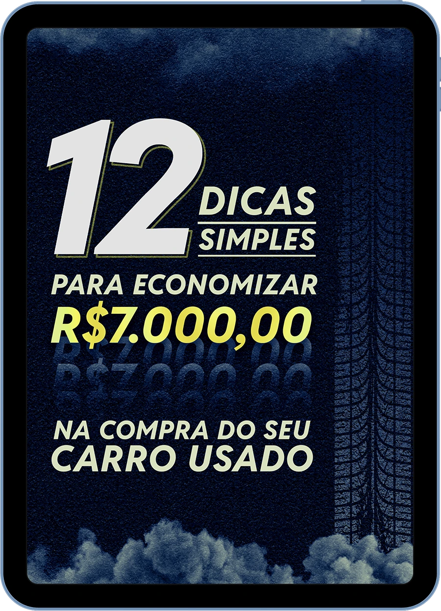 Capa do E-book 12 Dicas Simples para Economizar R$ 7000,00 na Compra do seu Carro Usado exibida em um tablet